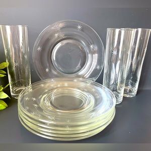 ✨MCM Set of 6, Etched Star Clear Glass Dessert/Salad Plates  3 Tumblers, Atomic✨